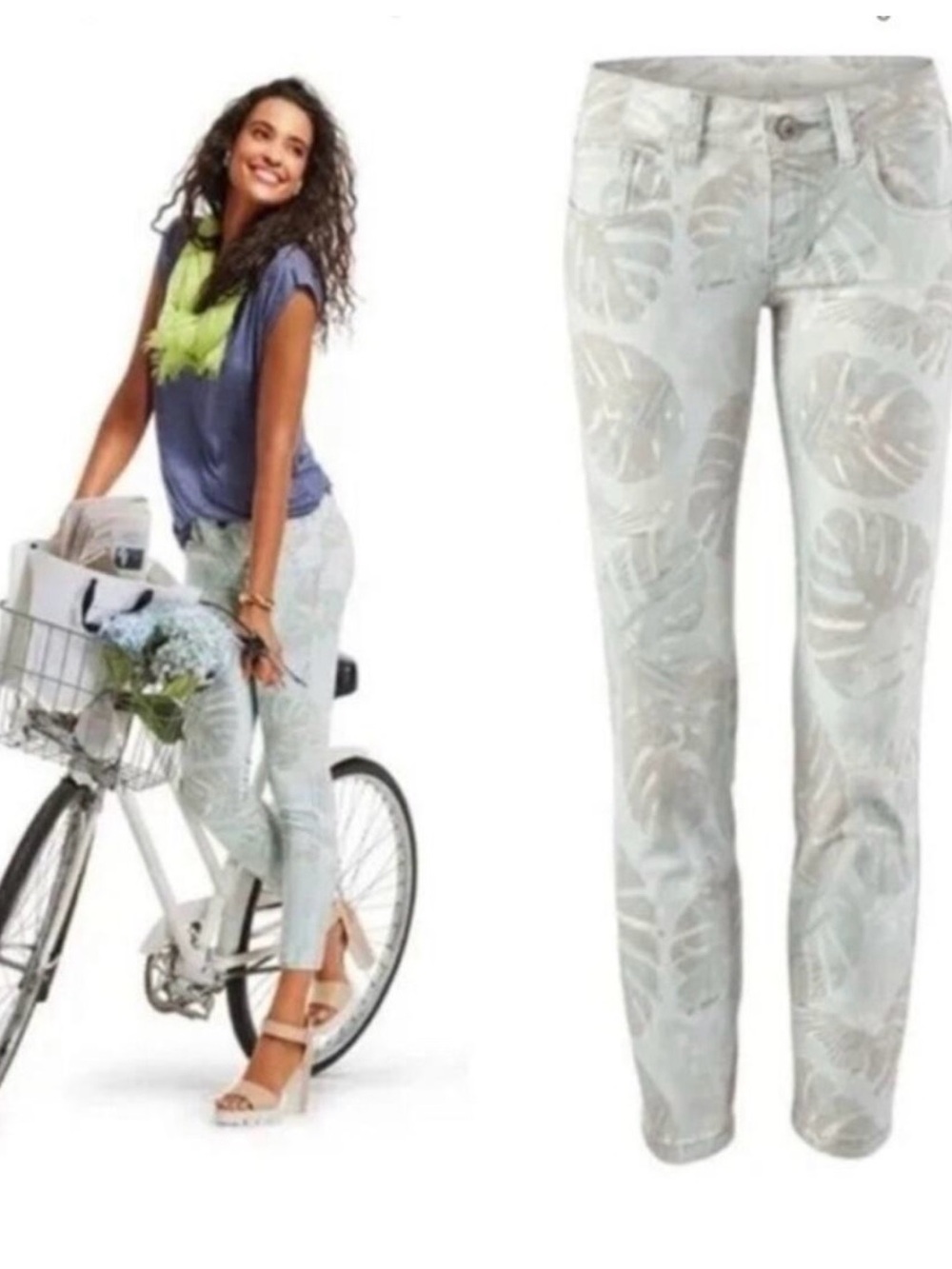 CAbi Paradise Cropped Skinny Jeans Size 12 Palm Print